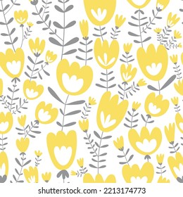 Vektor-Blumenmuster im Doodle-Stil mit Frühlingsblume auf weißem Hintergrund. Blühendes Gartenwiederholmuster für Textilien, Umhüllungspapier, Geschenkpapier, Stoff.