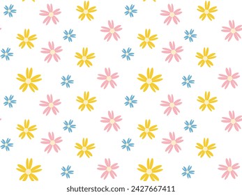 Vector floral pattern in doodle style with simple flowers and leaves. Delicate, spring floral background for fabric, textiles, wallpaper, wrapping paper. eps 10