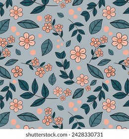 Vector floral pattern in doodle style with flowers and leaves. Gentle, spring floral background.