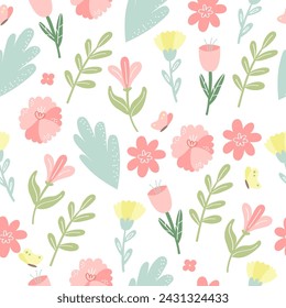 Vector floral pattern in doodle style with flowers and leaves. Delicate, spring floral background.