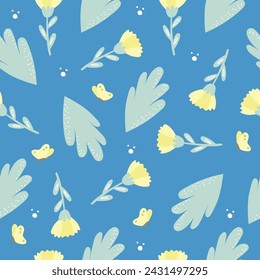 Vector floral pattern in doodle style with yellow flowers and butterflies. Delicate, spring floral blue background.