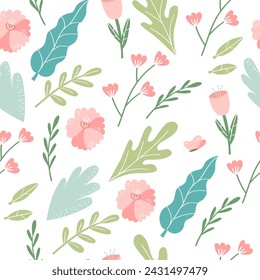 Vector floral pattern in doodle style with flowers and leaves. Delicate, spring floral background.