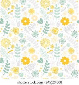 Vector floral pattern in doodle style with flowers and leaves. Gentle, spring floral background.
