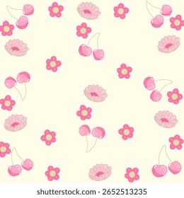 Vector floral pattern in doodle style with flowers and leaves.