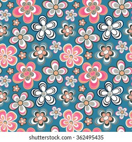 Vector floral pattern in doodle style with flowers. Gentle, spring floral background.