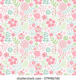 Vector floral pattern in doodle style with flowers and leaves. Gentle, spring floral background.