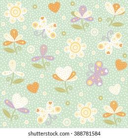 Vector floral pattern in doodle style with flowers, leaves, butterflies. Gentle, spring, kids floral background.