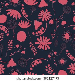 Vector floral pattern in doodle style with flowers and leaves. Gentle, spring floral background.