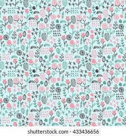Vector floral pattern in doodle style with flowers and leaves. Gentle, spring floral background. Can be used for wallpaper, pattern fills, web page background, surface textures.