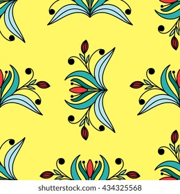 Vector floral pattern in doodle style with flowers and leaves. Gentle, spring floral background.