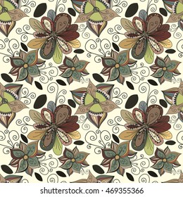 Vector floral pattern in doodle style with flowers and leaves. Gentle, spring floral background