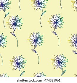 Vector floral pattern in doodle style with flowers and leaves. Gentle, spring floral background.