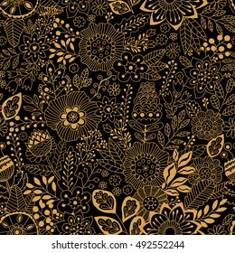 Vector floral pattern in doodle style with flowers and leaves. Gentle, spring/summer floral background.