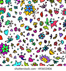 Vector floral pattern in doodle style with flowers, leaves, hearts. Cute, funny, floral vector background.