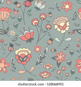 Vector floral pattern in doodle style with flowers and leaves. Cute pattern in small flower. Seamless floral background. The elegant the template for fashion prints.