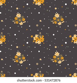 Vector floral pattern in doodle style with flowers and polka dots. Gentle, spring floral background.