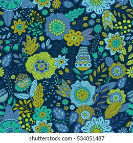 Vector floral pattern in doodle style with flowers and leaves. Gentle, spring/summer floral background.