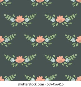 Vector floral pattern in doodle style with flowers and leaves. Gentle spring floral background and leaf seamless nature pattern. Spring or summer texture vintage blossom romantic textile print.