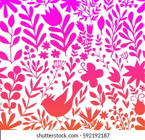 Vector floral pattern in doodle style with flowers and leaves. Gentle, spring, summer floral background.