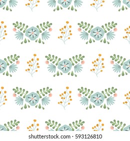Vector floral pattern in doodle style with flowers and leaves. Gentle spring floral background and leaf seamless nature pattern. Spring or summer texture vintage blossom romantic textile print.