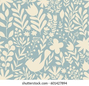Vector floral pattern in doodle style with flowers and leaves. Gentle, spring, summer floral background.