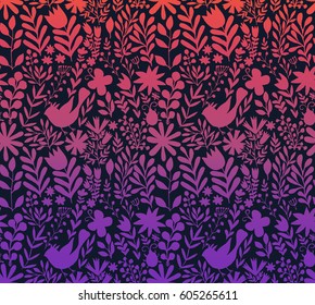 Vector floral pattern in doodle style with flowers and leaves. Gentle, spring, summer floral background.