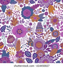 Vector floral pattern in doodle style with flowers and leaves. Gentle, spring/summer floral background.