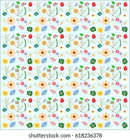 Vector floral pattern in doodle style with flowers and leaves. Gentle, spring floral background.