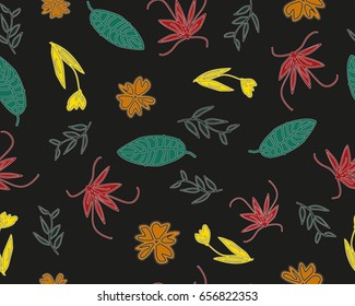 Vector floral pattern in doodle style with flowers and leaves. Gentle, spring floral background.