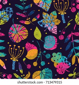 Vector floral pattern in doodle style with flowers and leaves. Autumn floral background.