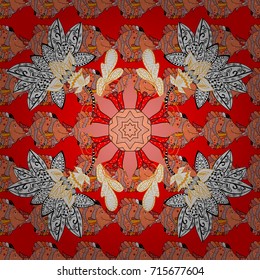 Vector floral pattern in doodle style with flowers. Gentle, tender floral background. Flowers on orange, red and white background.