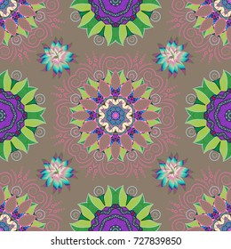 Vector floral pattern in doodle style with flowers and leaves. Gentle, spring floral on beige, green and pink colors. Vector illustration.