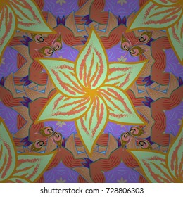 Vector floral pattern in doodle style with flowers. Gentle, cute floral background. Flowers on orange, green and violet colors.