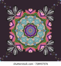 Vector floral pattern in doodle style with flowers and leaves. Gentle, spring floral on purple, gray and blue colors. Vector illustration.