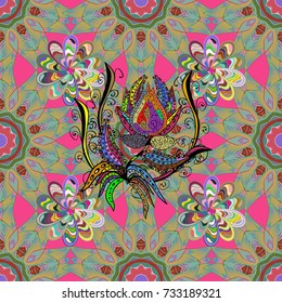 Vector floral pattern in doodle style with flowers and leaves. Gentle, spring floral on yellow, pink and blue colors. Vector illustration.