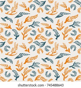 Vector floral pattern in doodle style with flowers and leaves. Gentle, spring floral background.