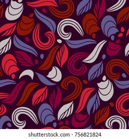 Vector floral pattern in doodle style with waves and leaves. Seamless botanic texture. Floral seamless pattern. Handdrawn botanical backdrop. Abstract botanical ethnic pattern