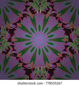 Vector floral pattern in doodle style with flowers. Gentle, nice floral background. Flowers on violet, green and pink colors.