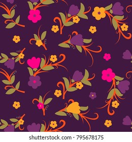 Vector floral pattern in doodle style with flowers and leaves. Spring floral background for textile fabric and wallpater