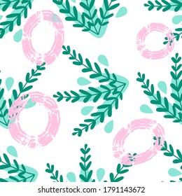 Vector floral pattern with fern bushes in green and pink colors in flat doodle style. Seamless design on white background. For textile prints or wrapping paper, for summer, spring or jungle concepts.