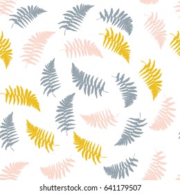Vector floral pattern with  fern leaves in pink, yellow and gray. Pastel colors on white background.