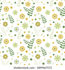 Vector floral pattern in flat style with flowers,herbs and dots. Spring floral background.