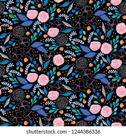 Vector floral pattern with flower shapes of roses and peonies on black background. Seamless vector pattern in cute color. Floral background in vintage style. Bold print with leaf and flower silhouette