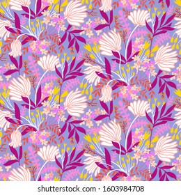 Vector floral pattern with flower shapes and silhouettes on pink background. Seamless vector pattern in summer color. Floral background in vintage style. Bold print with flowers for spring fashion