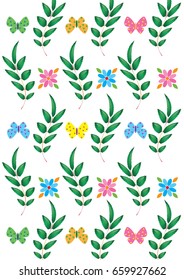 Vector floral pattern with flowers, butterflies and leaves. Spring background