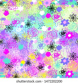 Vector  floral pattern with flowers . Cute wallpaper drawing in fashio style on neon background. Abstract seamless pattern for girls.