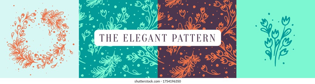 Vector floral pattern with flowers drawings. Tulip seamless pattern with herbal Illustrations for florist store, cosmetic label design, elegant banner template. Tulip background. Wedding ornament.