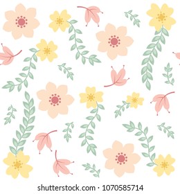 Vector floral pattern with flowers and leaves. Spring floral background.