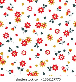 Vector floral pattern with flowers and leaves. Bright, spring floral background in trendy colors.