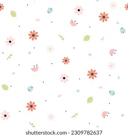 Vector floral pattern with flowers and leaves on a white background. Delicate, spring floral background.